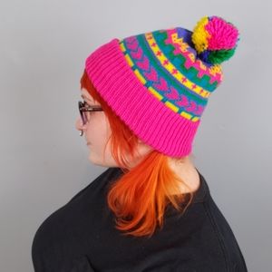 90s Vintage Neon Pom Ski Cap Beanie Hat Geometric